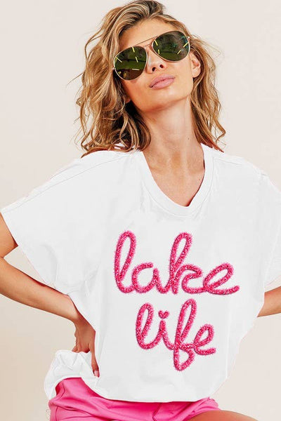 Hot Pink Metallic Letter Lake Life Shirt