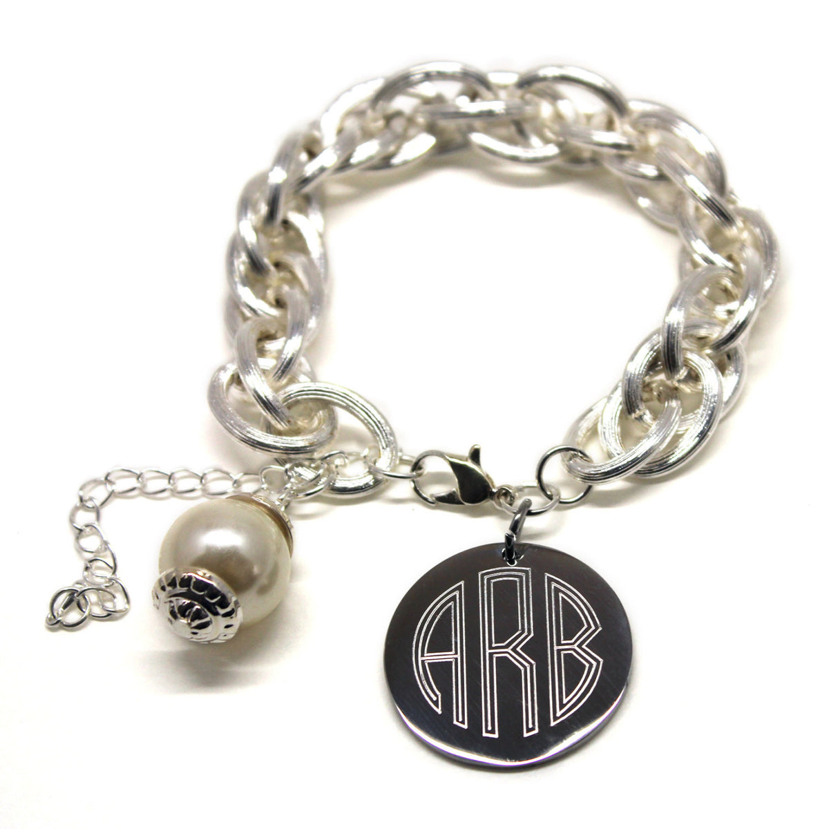 Monogram Charm Bracelet with Pearl-Gold or Silver-Engraved Link Bracel –  LuBella's