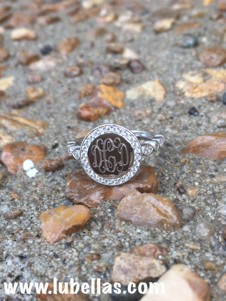 Monogram Sterling Silver Ring with Decorative Cubic Zirconia Band, Engraved Ring with Cubic Zirconia Border