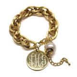 Monogram Link Bracelet with Pearl-Gold or Silver-Engraved Link Bracelet