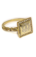Monogram Square Border Ring with Cubic Zirconias-Engraved Square Ring-Gold Plated or Sterling Silver