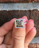 Monogram Square Border Ring with Cubic Zirconias-Engraved Square Ring-Gold Plated or Sterling Silver