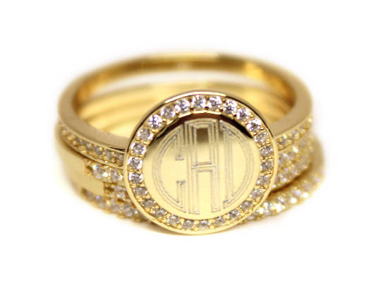 Engraved Gold Plated Stackable Ring with Cubic Zirconias
