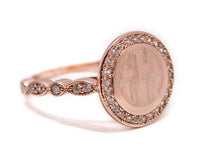 Monogram Rose Gold Ring with Decorative Cubic Zirconia Band, Engraved Ring with Cubic Zirconia Border