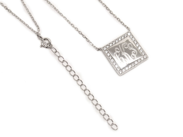 Engraved Necklace with Cubic Zirconia Square Border