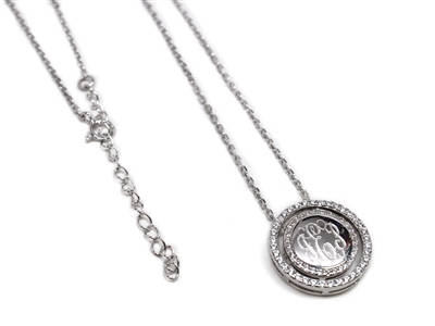 Engraved Necklace with Double Circle Border with CZ's