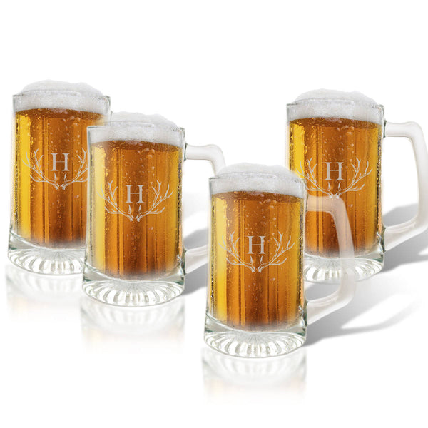 Monogram Antler Glass Beer Mug Set