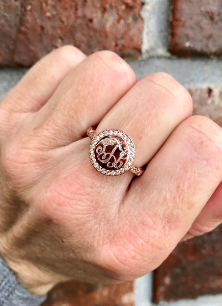 Monogram Rose Gold Ring with Decorative Cubic Zirconia Band, Engraved Ring with Cubic Zirconia Border