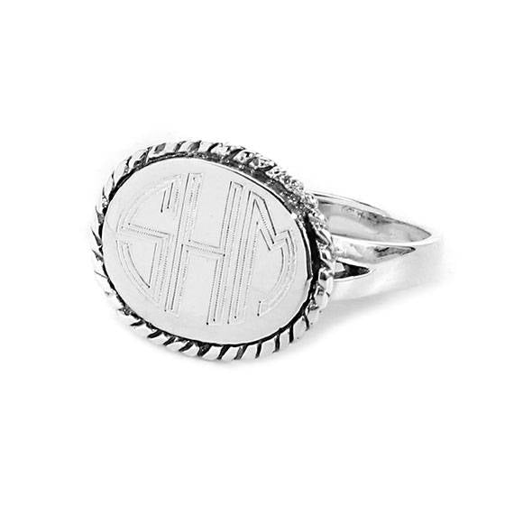Monogram Ring Sterling Silver with Horizontal Oval Rope Border and Split Band-Monogram Ring-Engraved Ring