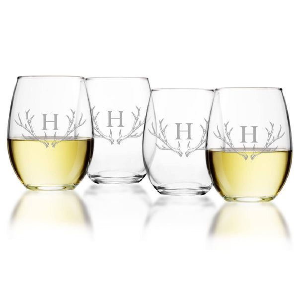 Monogram Antler Stemless Wine Glasses (Set of 4)