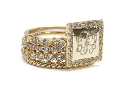 Monogram Square Stackable Gold Plated Ring
