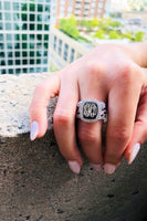 Monogram Sterling Silver Halo Stacked Ring, Engraved Halo Rectangle Ring