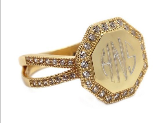 Monogram Gold Split Band CZ Ring, Engraved Gold CZ Ring