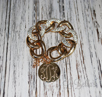 Gold Monogram Link Braclet-Engraved Gold Link Bracelet-Cubic Zirconia Link Bracelet