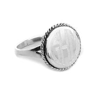 Sterling Silver Monogrammed Round Ring with Rope Border-Engraved Sterling Silver Ring